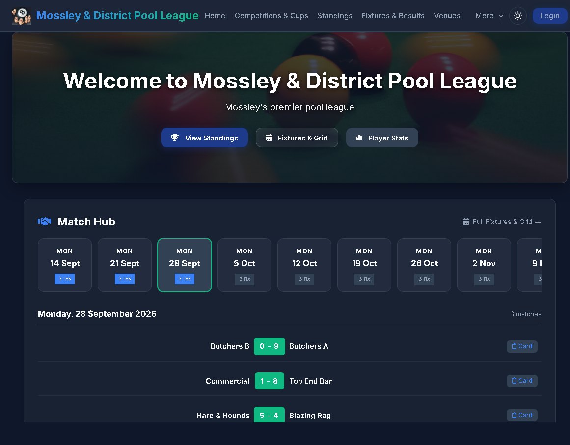 Match Hub on a Pool League Pro homepage